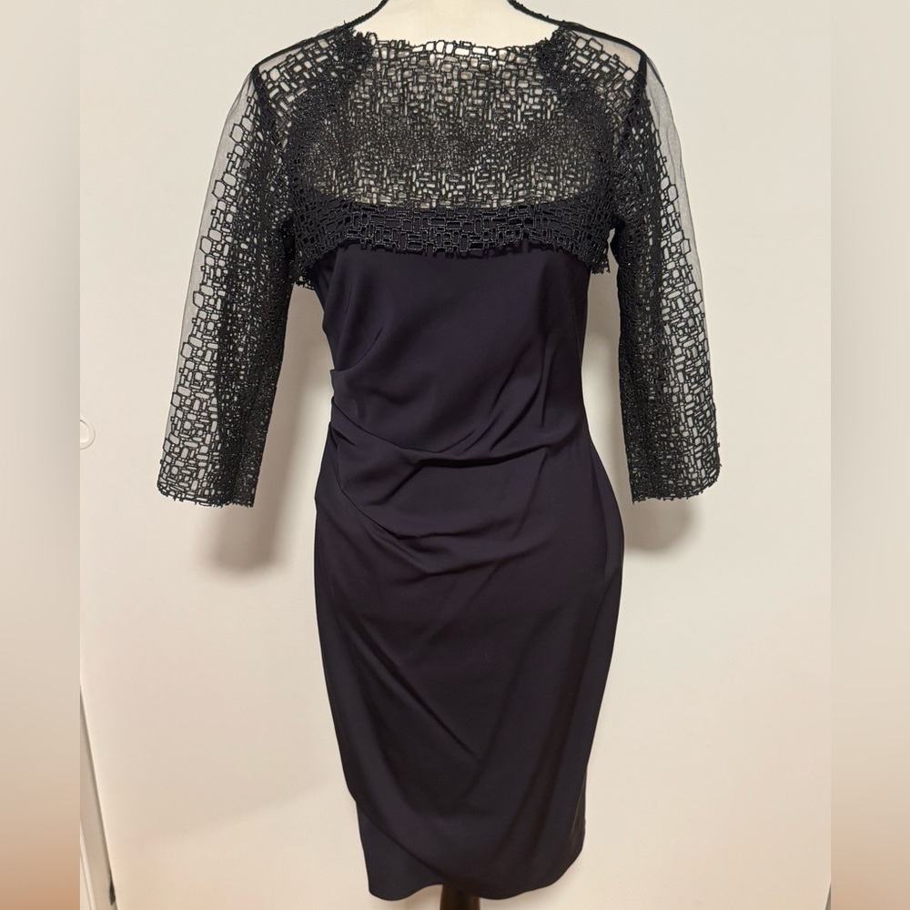 Lela Rose sheath dress / gown rare Metallic 3/4 sleeves & neck accent. vintage